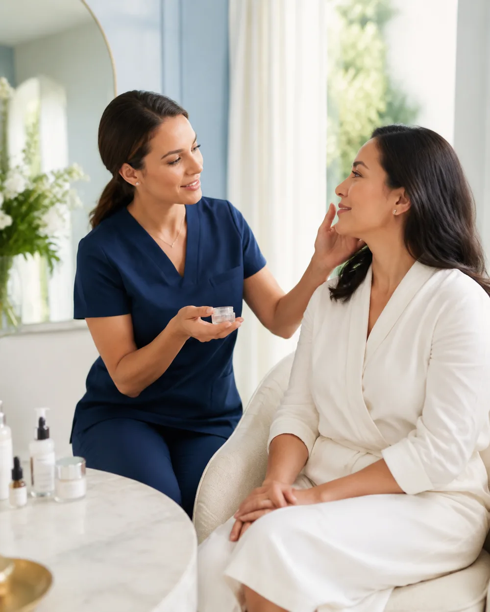 Beauty professional consulting with a client in a bright salon